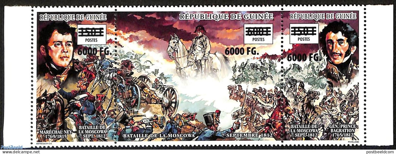 Guinea, Republic 2009 Strip Of 3 Stamps,napoleon Battle Of Moscow, Overprint, Mint NH, History - Nature - Militarism -.. - Militaria