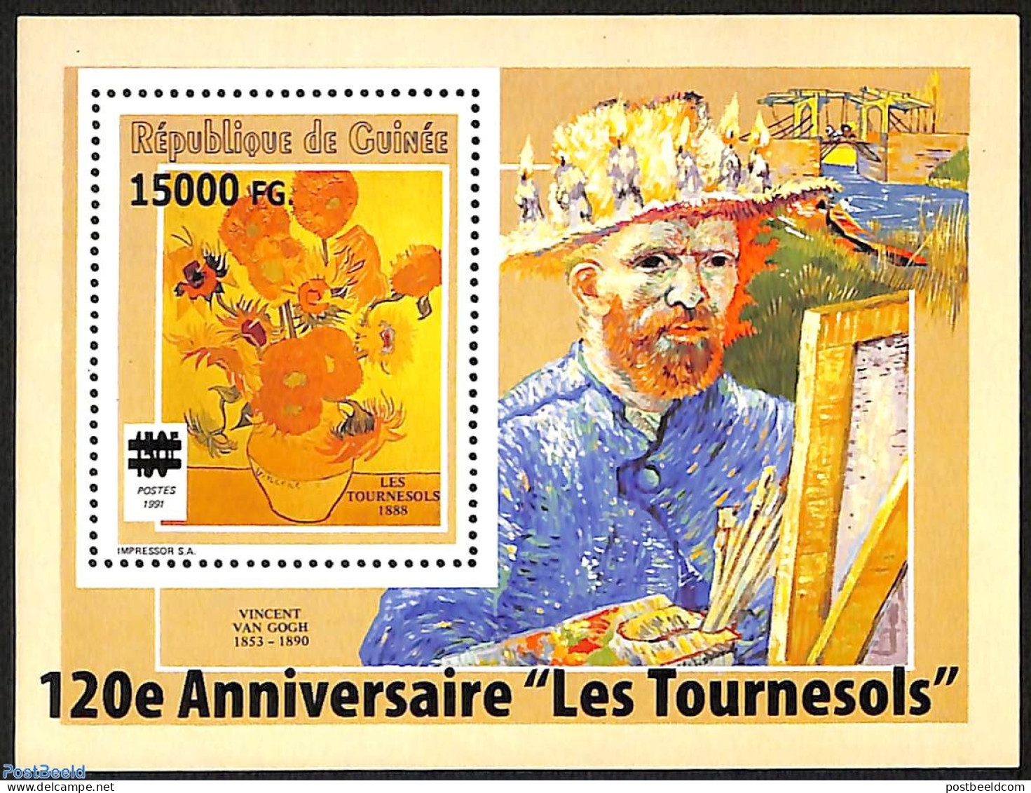 Guinea, Republic 2008 The Sunflowers By Vincent Van Gogh, Overprint, Block, Mint NH, Nature - Flowers & Plants - Water.. - Brücken