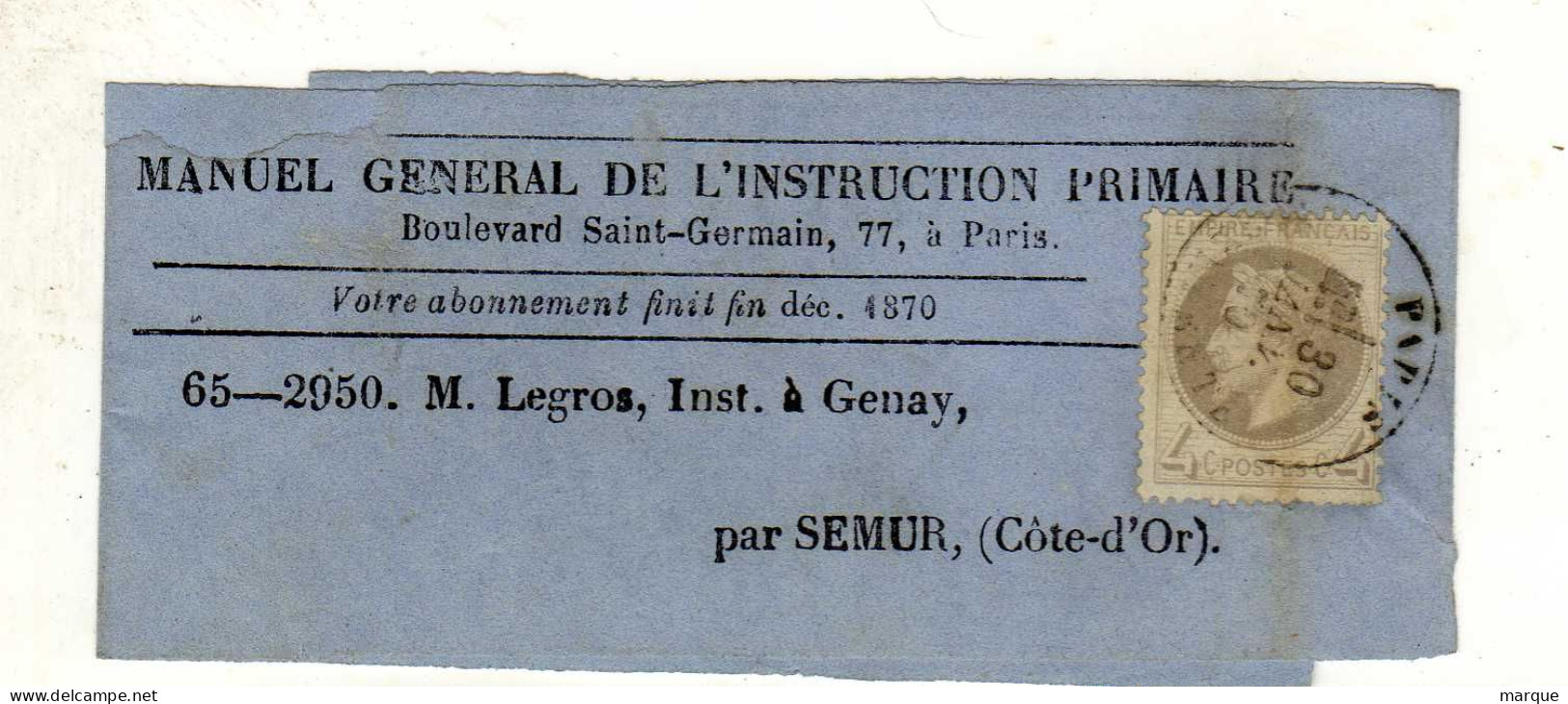 Bande De Journal Avec Timbre 4c Gris Perle Oblitération 30/01/1870 - 1849-1876: Periodo Classico