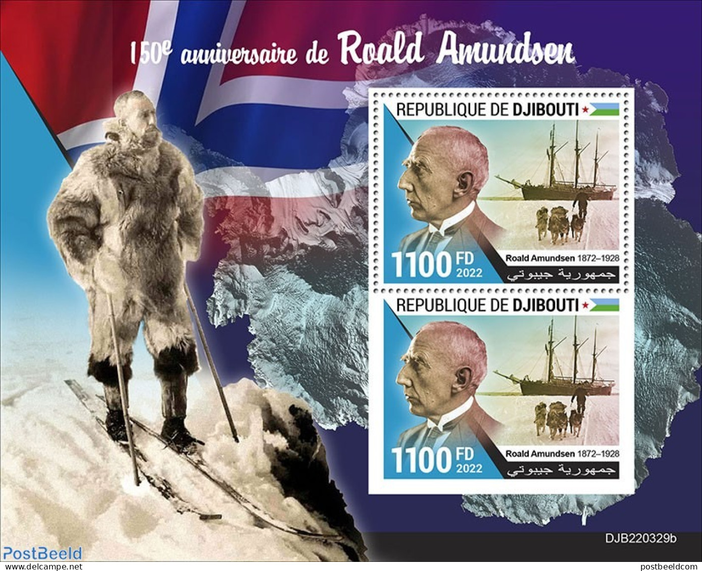 Djibouti 2022 150th Anniversary Of Roald Amundsen, Mint NH, Nature - Transport - Dogs - Ships And Boats - Bateaux