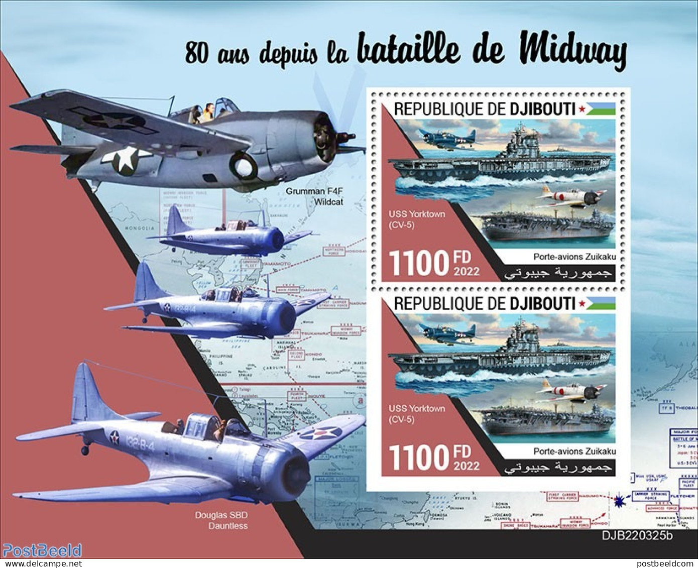 Djibouti 2022 80 Years Since The Battle Of Midway, Mint NH, History - Transport - Militarism - Aircraft & Aviation - S.. - Militares