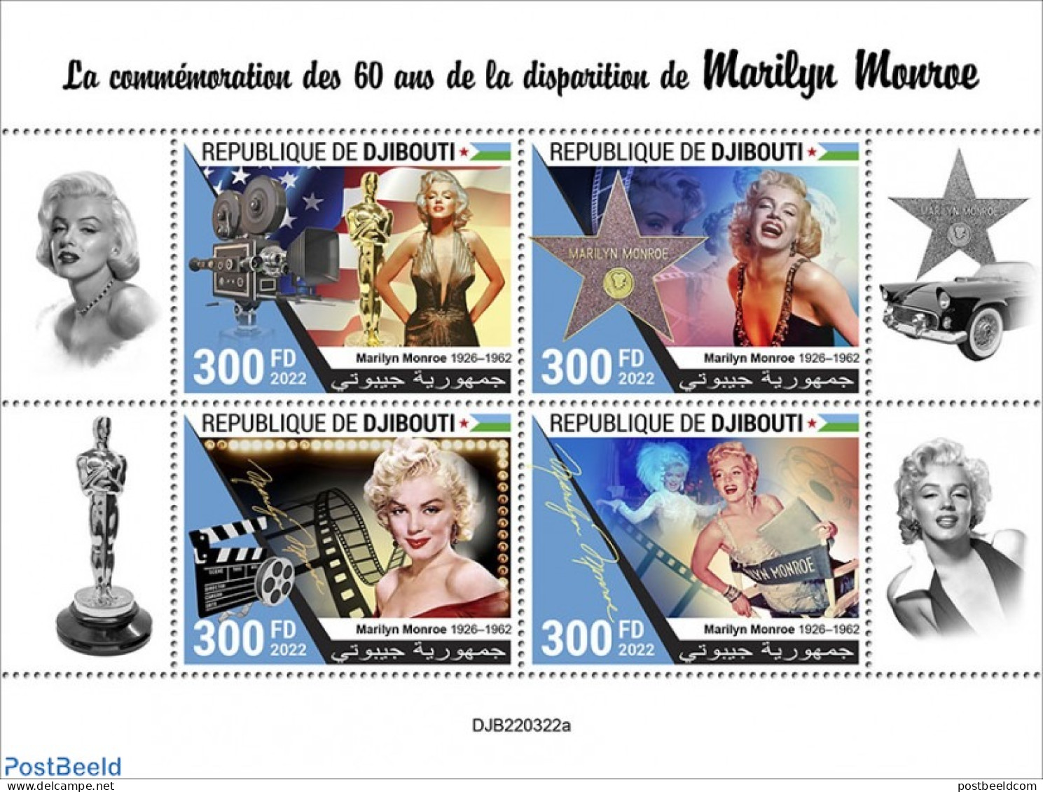 Djibouti 2022 60th Memorial Anniversary Of Marilyn Monroe, Mint NH, Performance Art - Marilyn Monroe - Movie Stars - Schauspieler