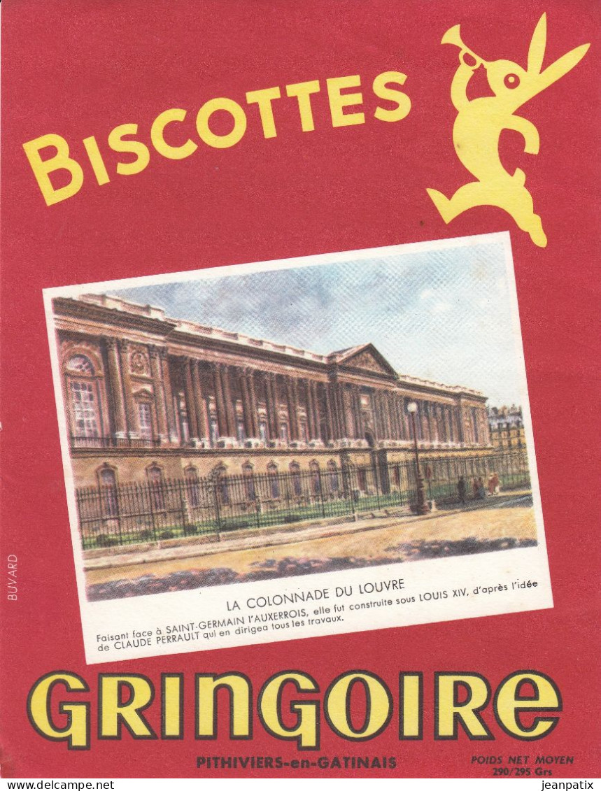BUVARD  - GRINGOIRE - Biscottes -  PARIS - La Colonnade Du Louvre - Pithiviers En Gatinais - Alimentare