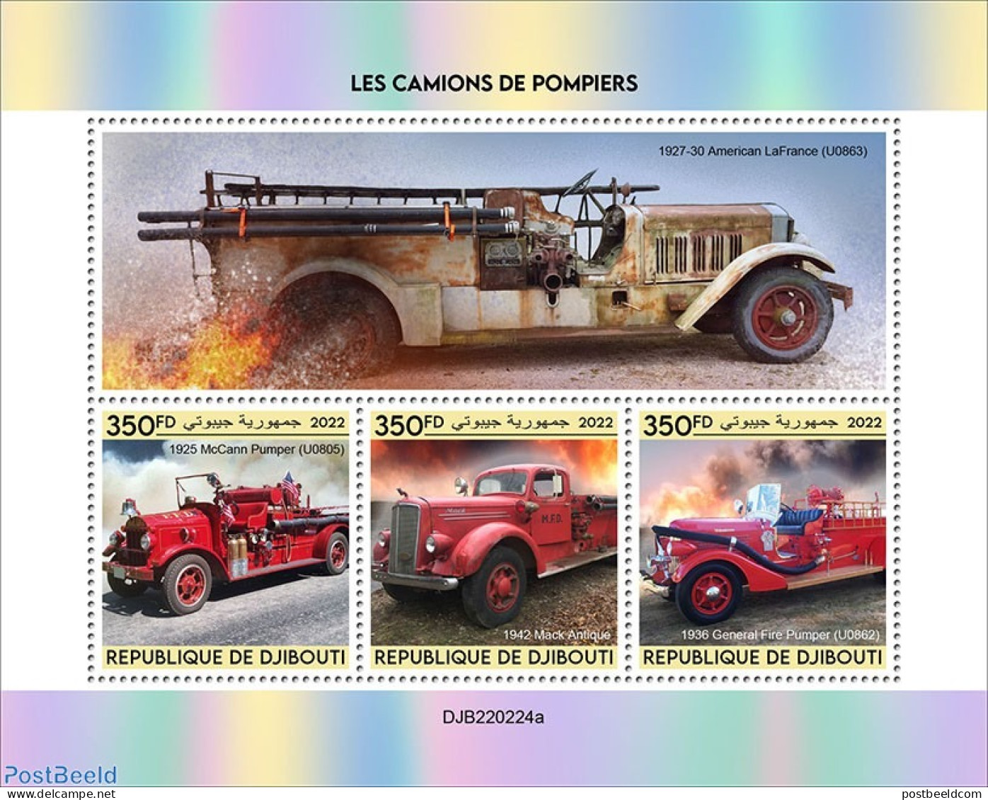 Djibouti 2022  Fire Engines (1925 McCann Pumper (U0805); 1942 Mack Antique; 1936 General Fire Pumper (U0862), Mint NH,.. - Brandweer