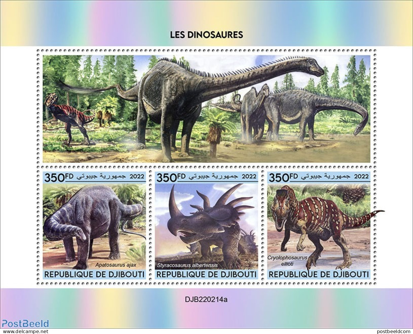 Djibouti 2022 Dinosaurs (Apatosaurus Ajax; Styracosaurus Albertensis; Cryolophosaurus Ellioti), Mint NH, Nature - Preh.. - Prehistorics