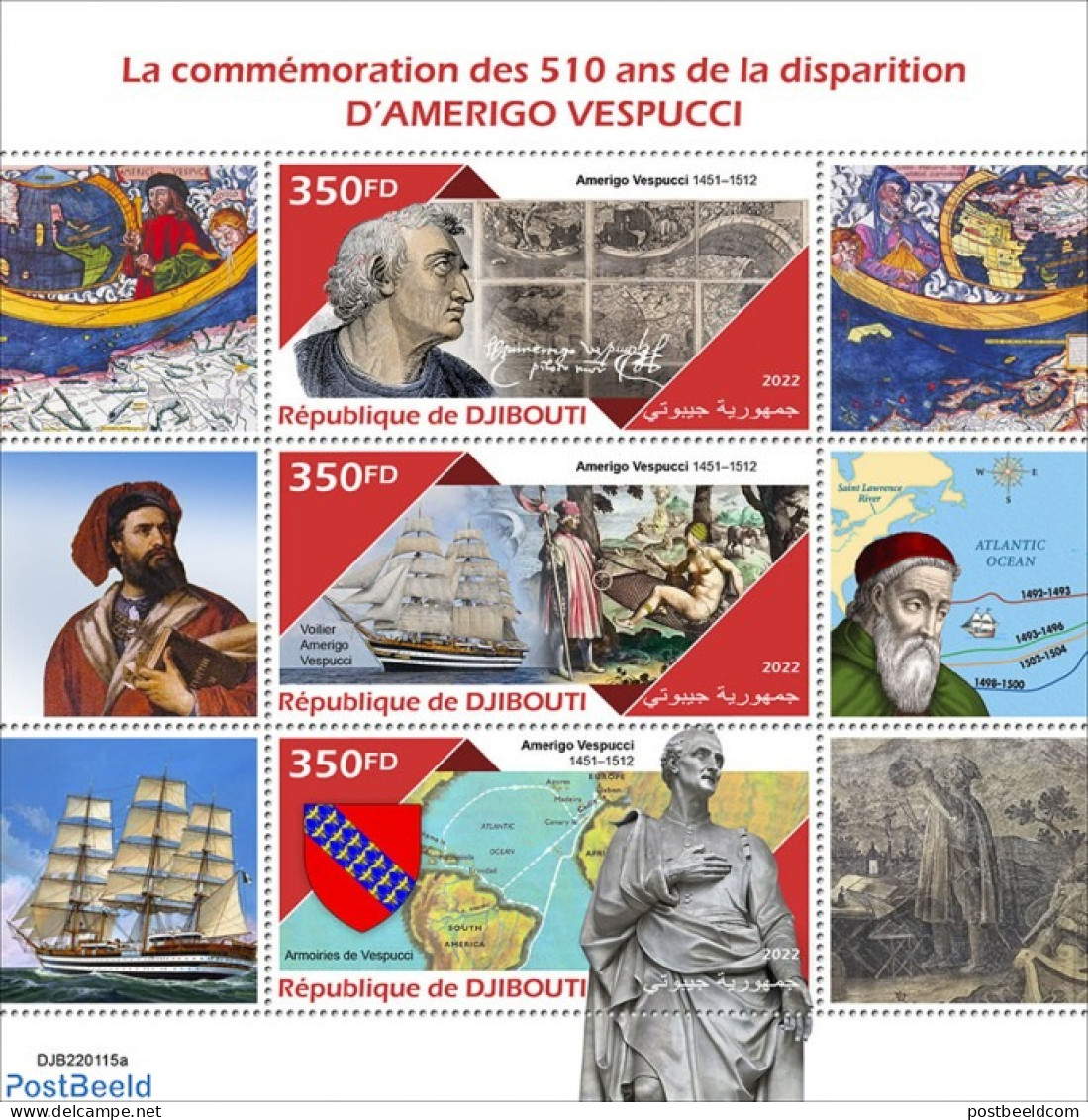 Djibouti 2022 510th Memorial Anniversary Of Amerigo Vespucci, Mint NH, History - Transport - Explorers - Ships And Boats - Onderzoekers