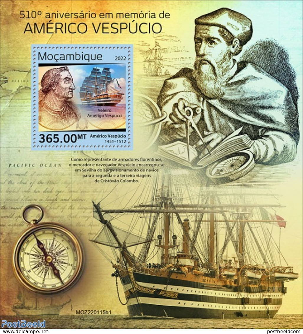 Mozambique 2022 510th Memorial Anniversary Of Amerigo Vespucci, Mint NH, History - Transport - Explorers - Ships And B.. - Onderzoekers