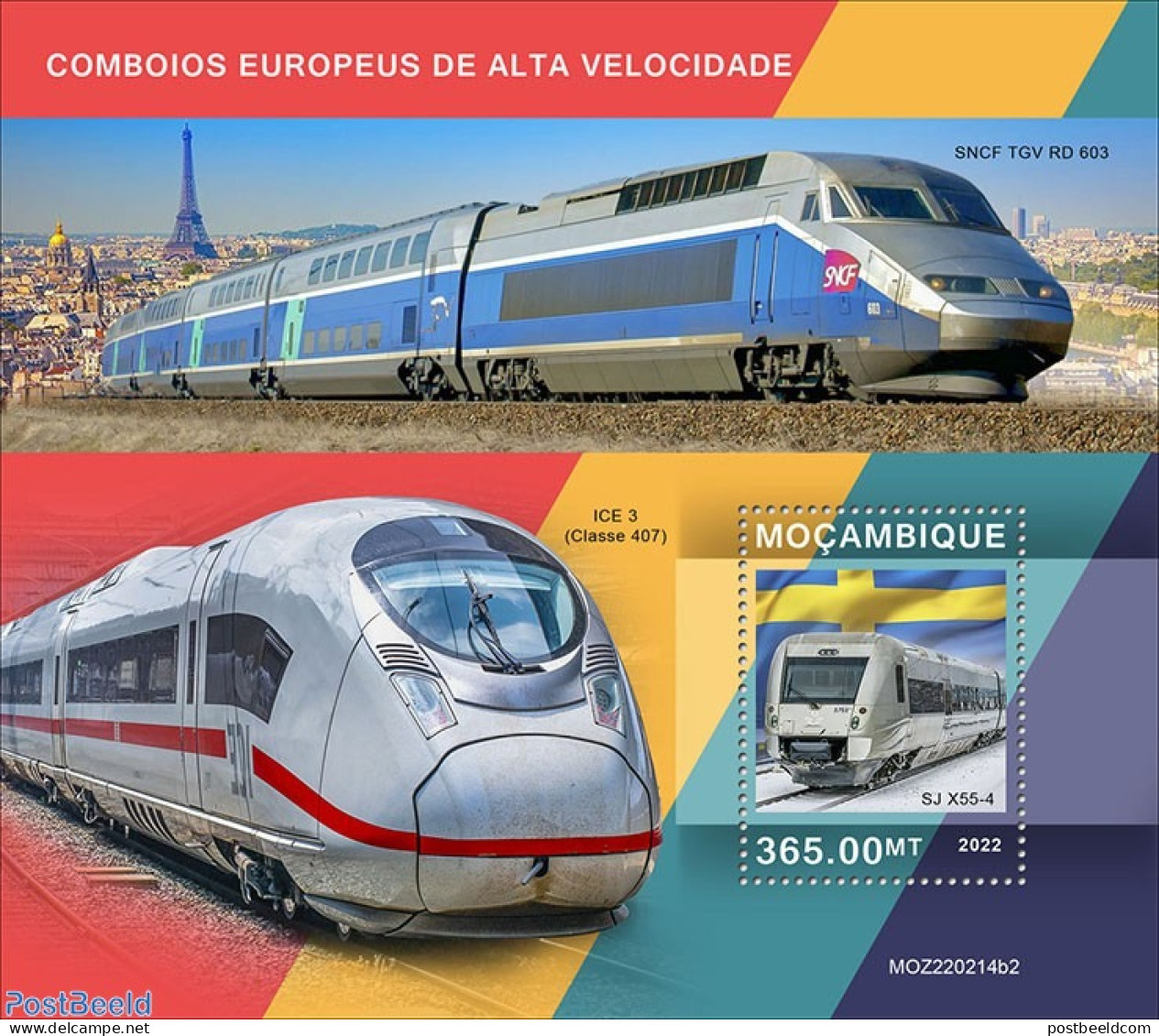 Mozambique 2022 European Speed Trains (SJ X55-4), Mint NH, Transport - Railways - Trains