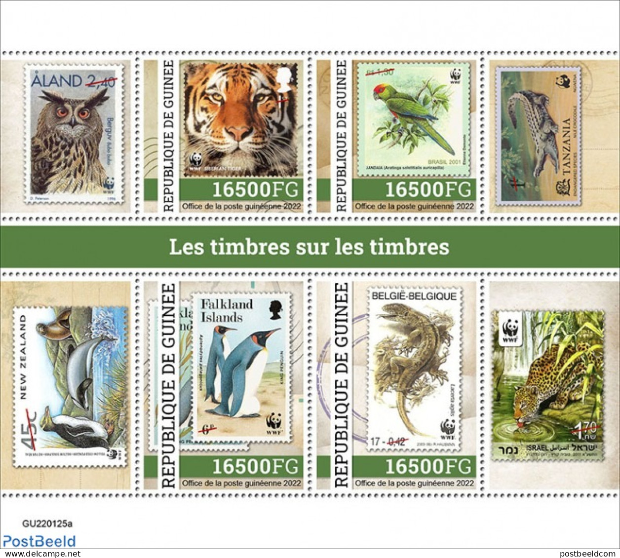 Guinea, Republic 2022 Stamps On Stamps, Mint NH, Nature - Cat Family - Crocodiles - Owls - Parrots - Stamps On Stamps - Briefmarken Auf Briefmarken