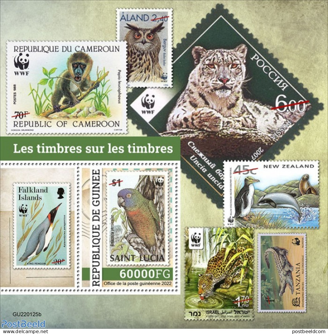 Guinea, Republic 2022 Stamps On Stamps, Mint NH, Nature - Birds - Cat Family - Crocodiles - Monkeys - Owls - Parrots -.. - Francobolli Su Francobolli