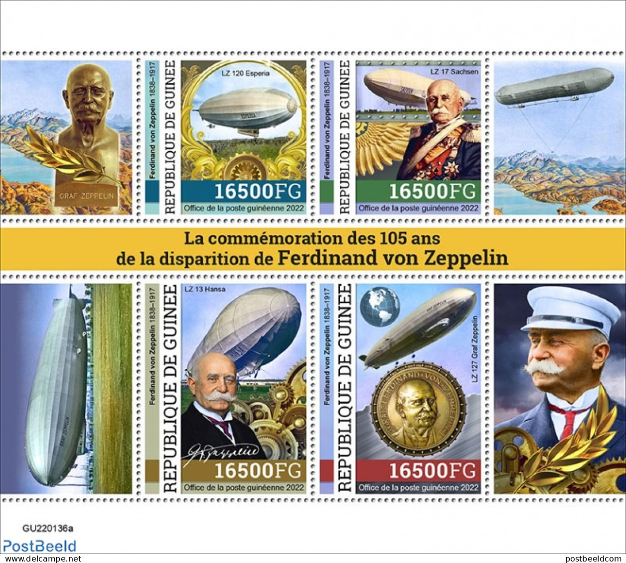 Guinea, Republic 2022 105th Memorial Anniversary Of Ferdinand Von Zeppelin, Mint NH, Transport - Zeppelins - Zeppelin