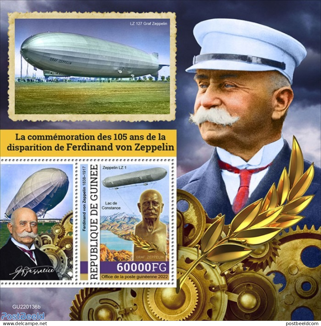 Guinea, Republic 2022 105th Memorial Anniversary Of Ferdinand Von Zeppelin, Mint NH, Transport - Zeppelins - Zeppelin