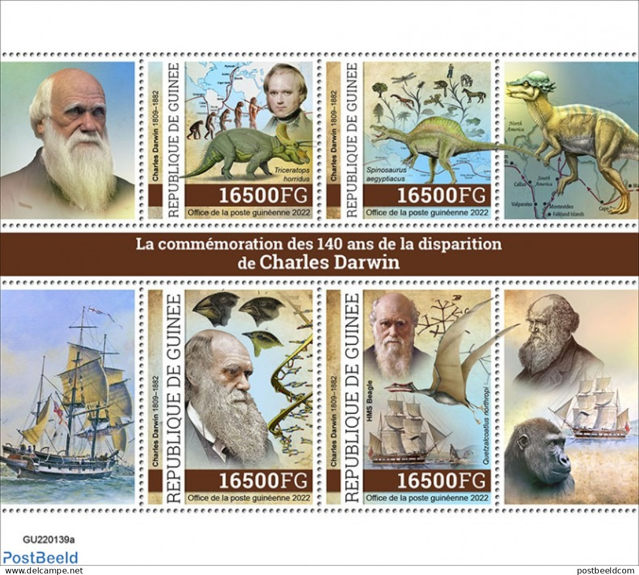 Guinea, Republic 2022 140th Memorial Anniversary Of Charles Darwin, Mint NH, Nature - Transport - Prehistoric Animals .. - Préhistoriques