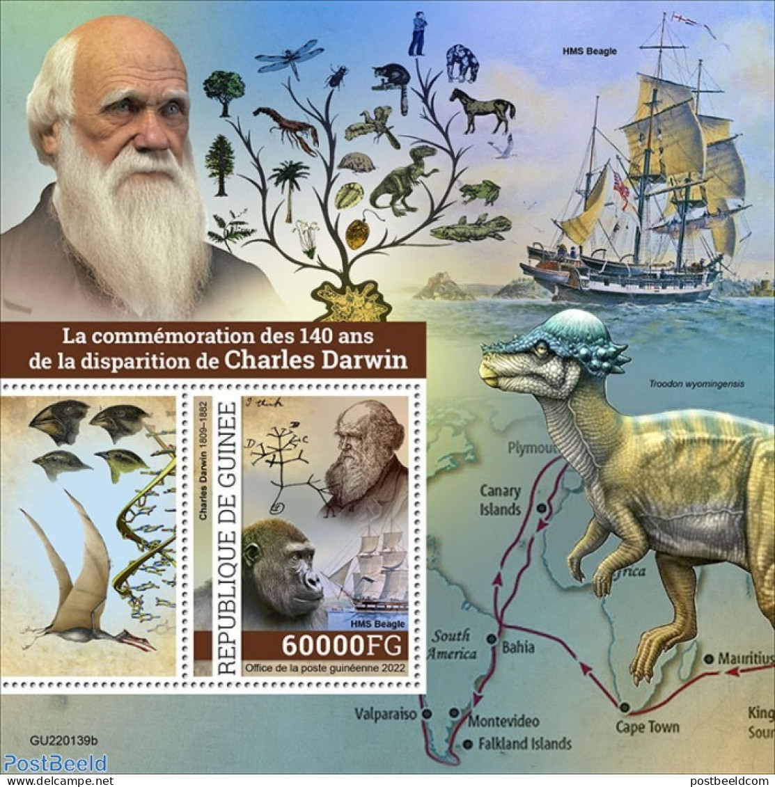 Guinea, Republic 2022 140th Memorial Anniversary Of Charles Darwin, Mint NH, Nature - Monkeys - Prehistoric Animals - Préhistoriques