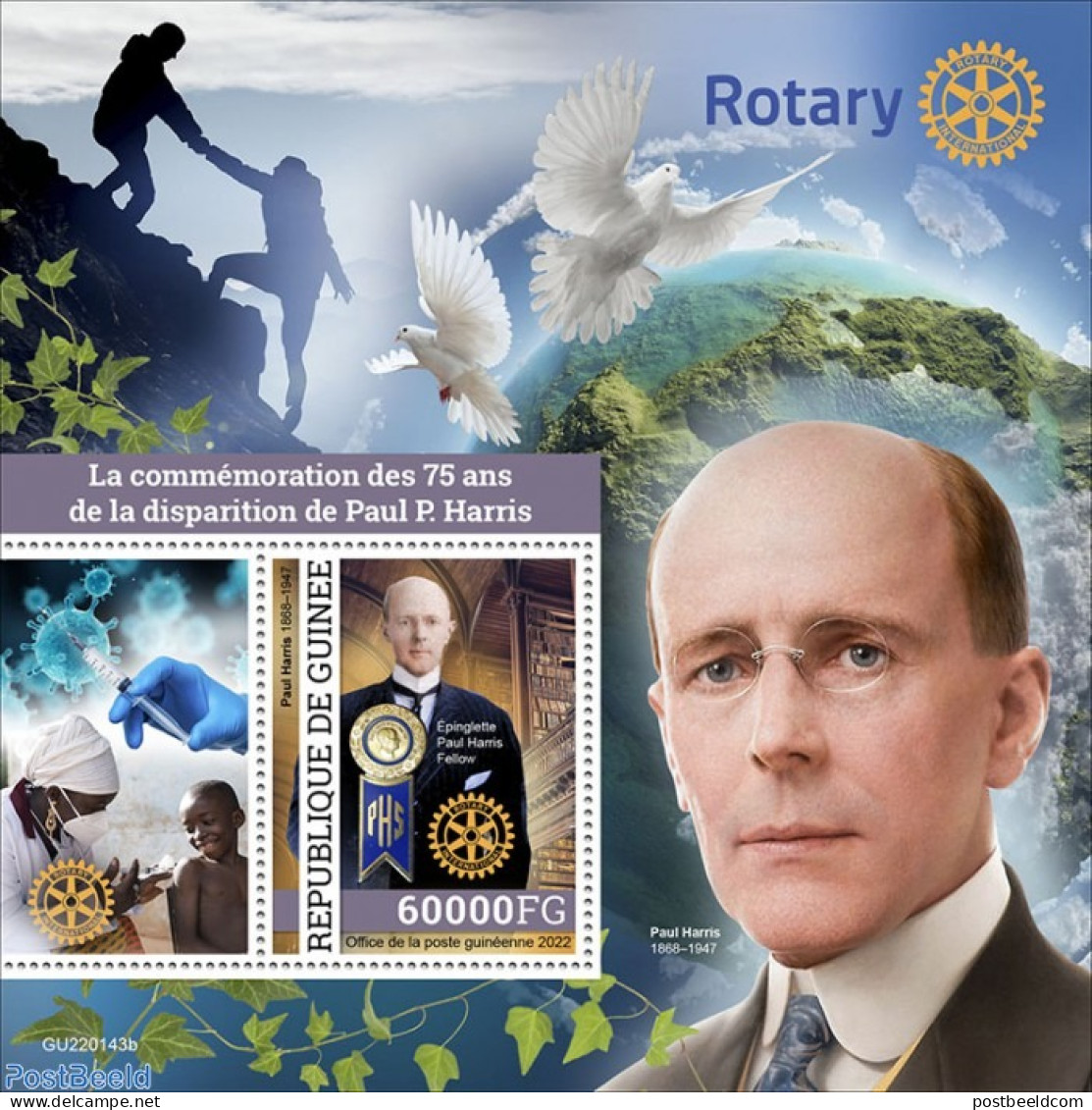 Guinea, Republic 2022 75th Memorial Anniversary Of Paul P. Harris, Mint NH, Various - Rotary - Rotary, Lions Club