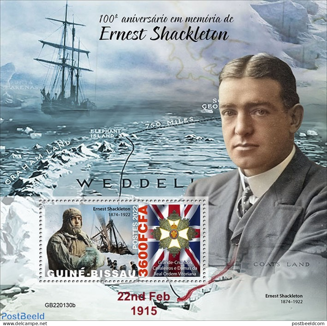 Guinea Bissau 2022 100th Memorial Anniversary Of Ernest Shackleton, Mint NH, History - Transport - Explorers - Ships A.. - Exploradores