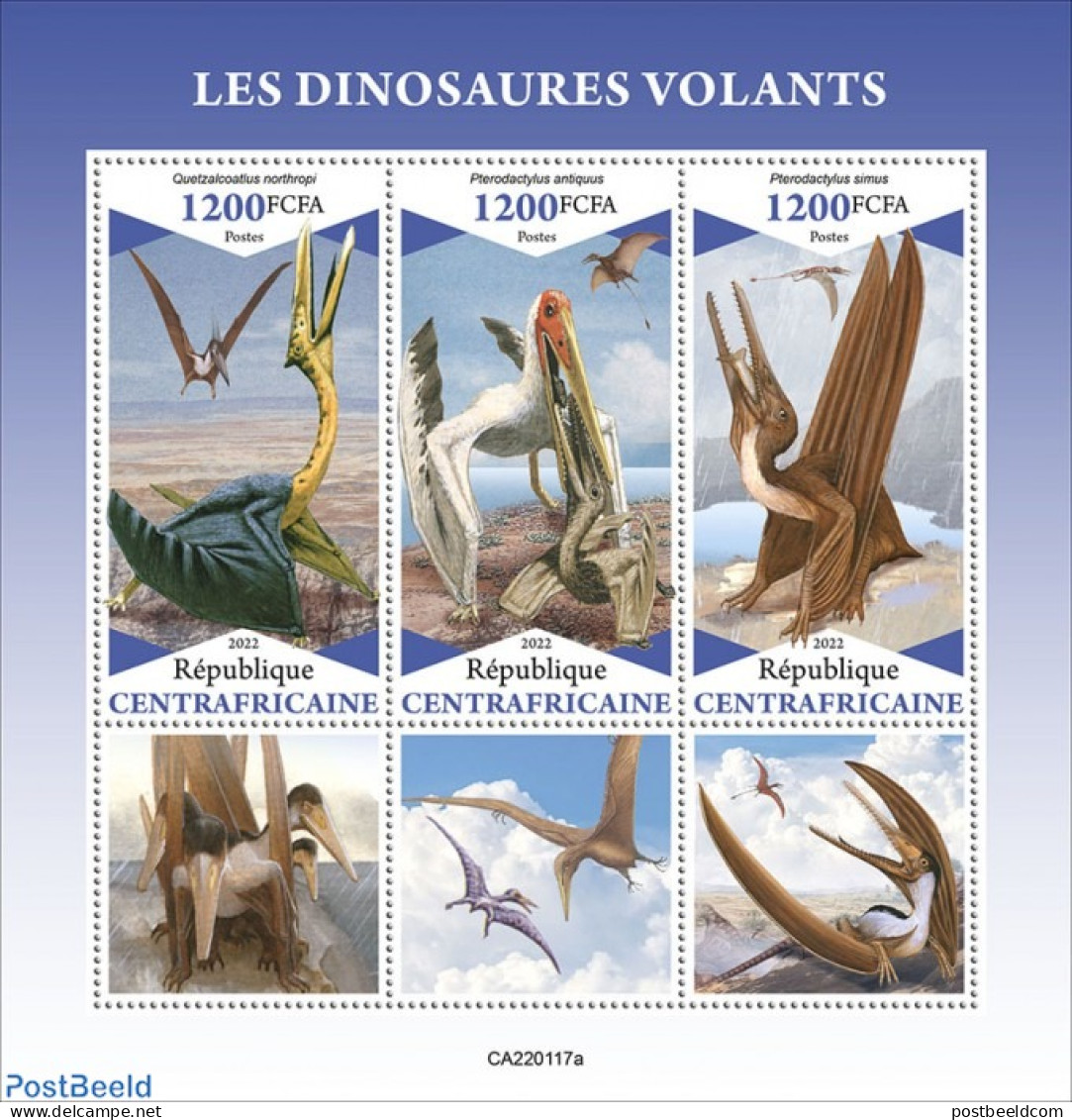 Central Africa 2022 Flying Dinosaurs, Mint NH, Nature - Prehistoric Animals - Prehistory - Préhistoriques
