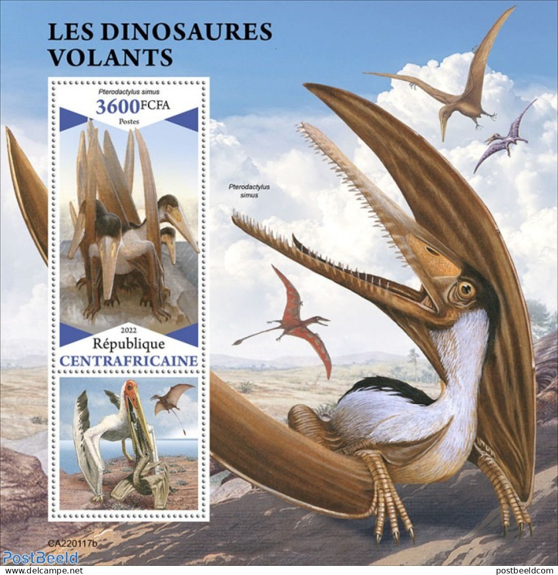 Central Africa 2022 Flying Dinosaurs, Mint NH, Nature - Prehistoric Animals - Prehistory - Préhistoriques