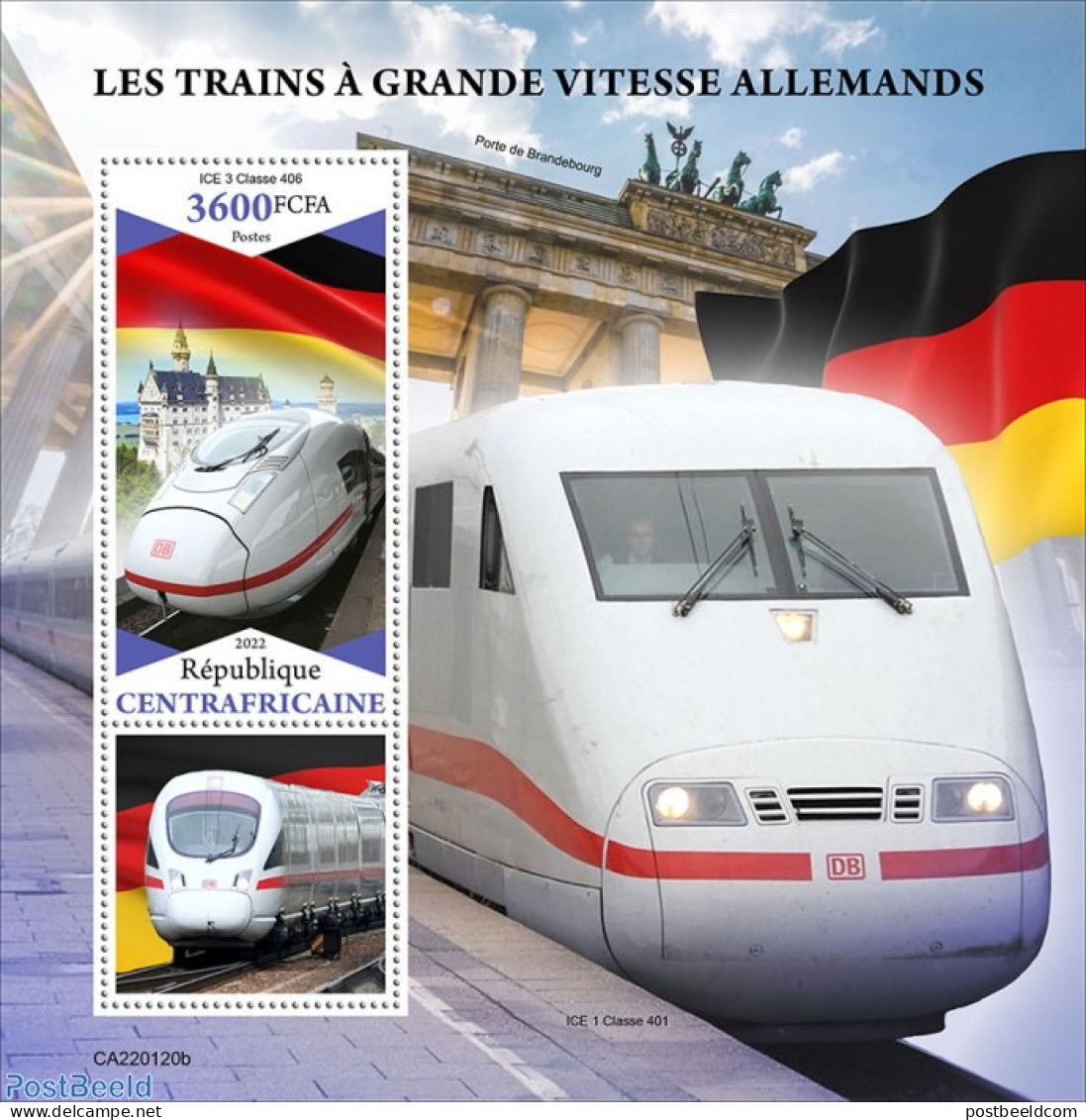 Central Africa 2022 German High Speed Trains, Mint NH, Transport - Railways - Art - Castles & Fortifications - Trains
