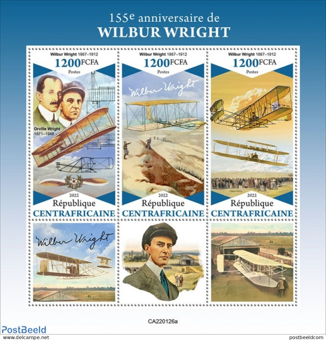 Central Africa 2022 155th Anniversary Of Wilbur Wright, Mint NH, Transport - Aircraft & Aviation - Flugzeuge