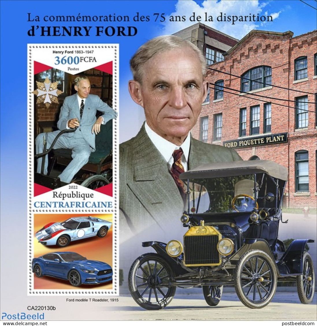 Central Africa 2022 75th Memorial Anniversary Of Henry Ford, Mint NH, Transport - República Centroafricana