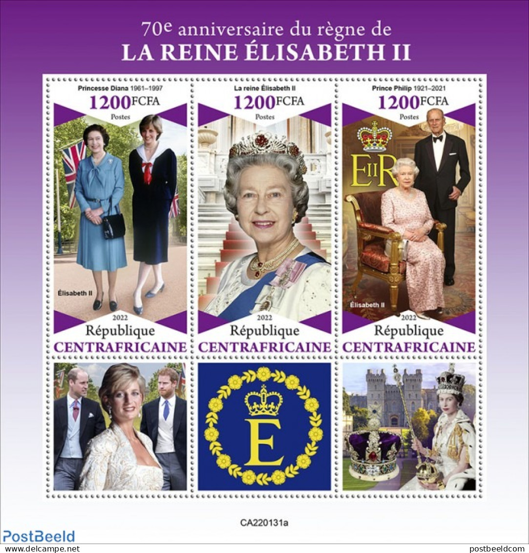 Central Africa 2022 70th Anniversary Of Reign Of Queen Elizabeth II, Mint NH, History - Charles & Diana - Kings & Quee.. - Koniklijke Families