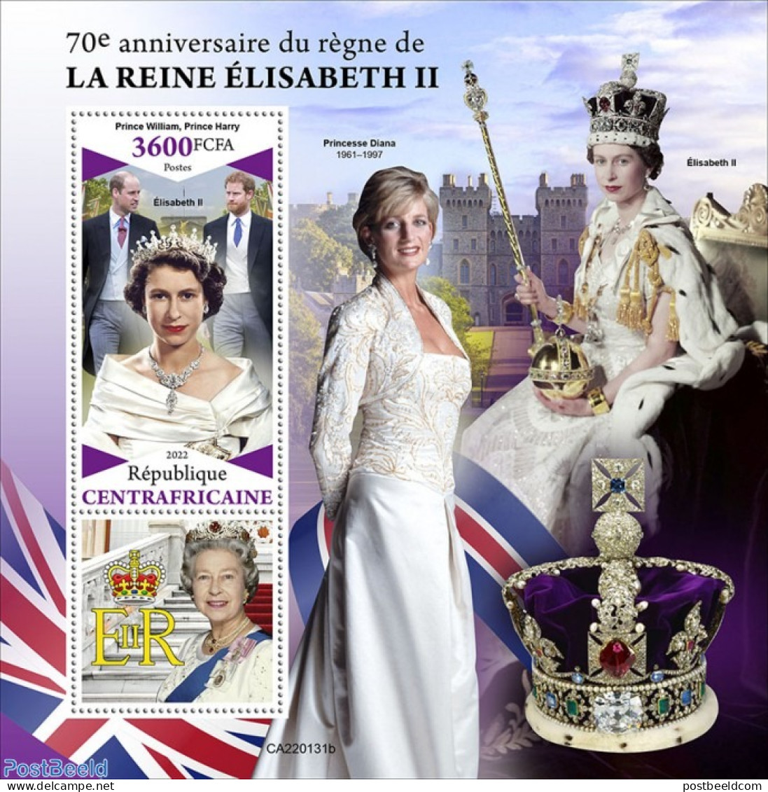 Central Africa 2022 70th Anniversary Of Reign Of Queen Elizabeth II, Mint NH, History - Charles & Diana - Kings & Quee.. - Familias Reales