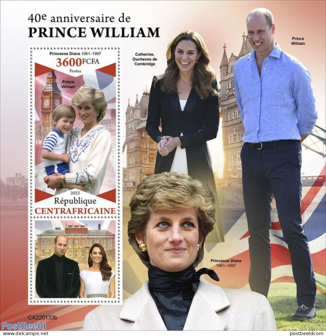 Central Africa 2022 40th Annversary Of Prince William, Mint NH, History - Charles & Diana - Kings & Queens (Royalty) - Koniklijke Families