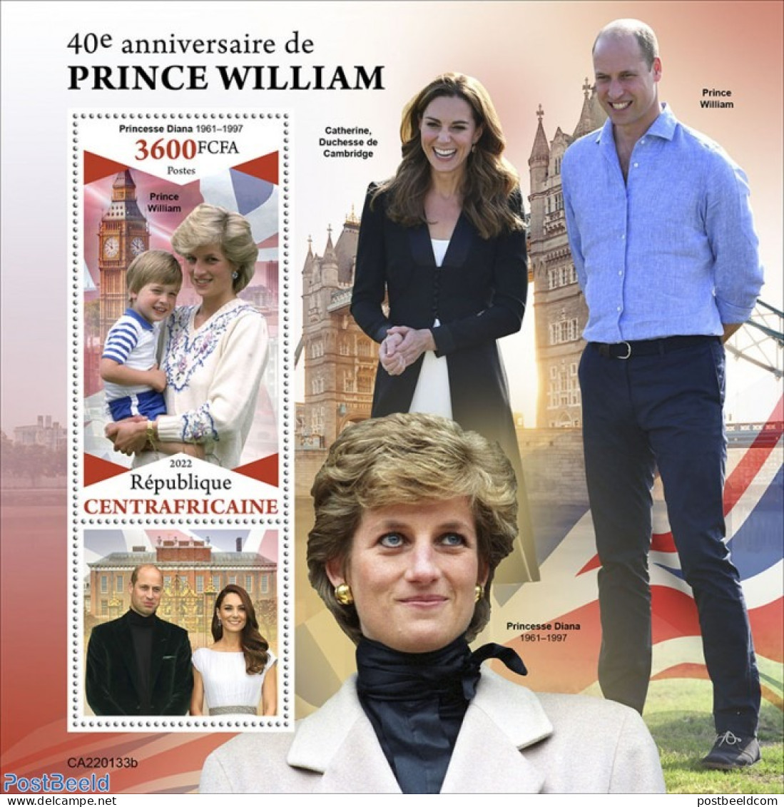 Central Africa 2022 40th Annversary Of Prince William, Mint NH, History - Charles & Diana - Kings & Queens (Royalty) - Royalties, Royals