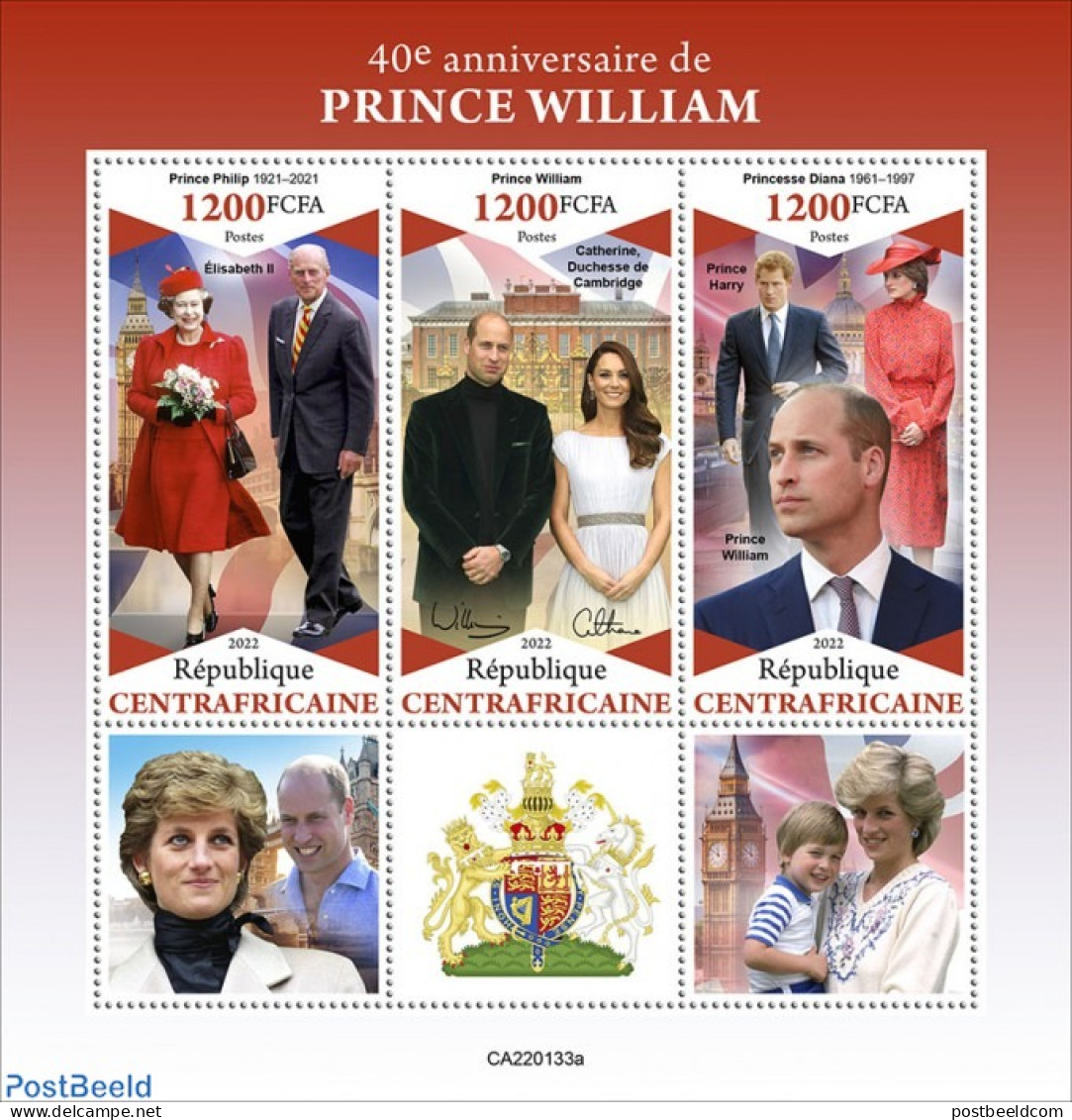 Central Africa 2022 40th Annversary Of Prince William, Mint NH, History - Charles & Diana - Kings & Queens (Royalty) - Koniklijke Families