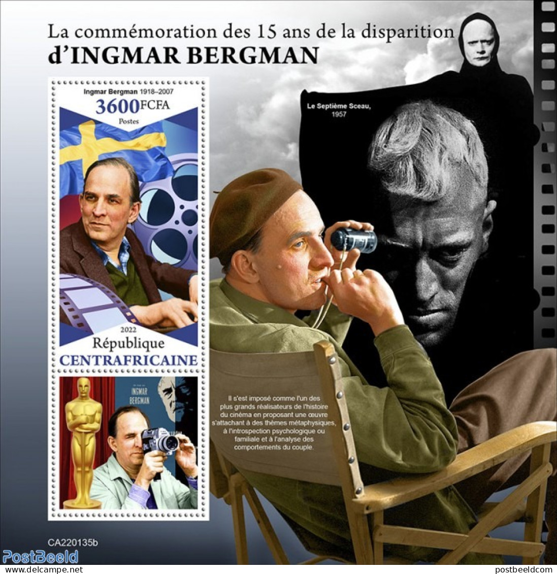 Central Africa 2022 15th Memorial Anniversary Of Ingmar Bergman, Mint NH, Performance Art - Movie Stars - Acteurs