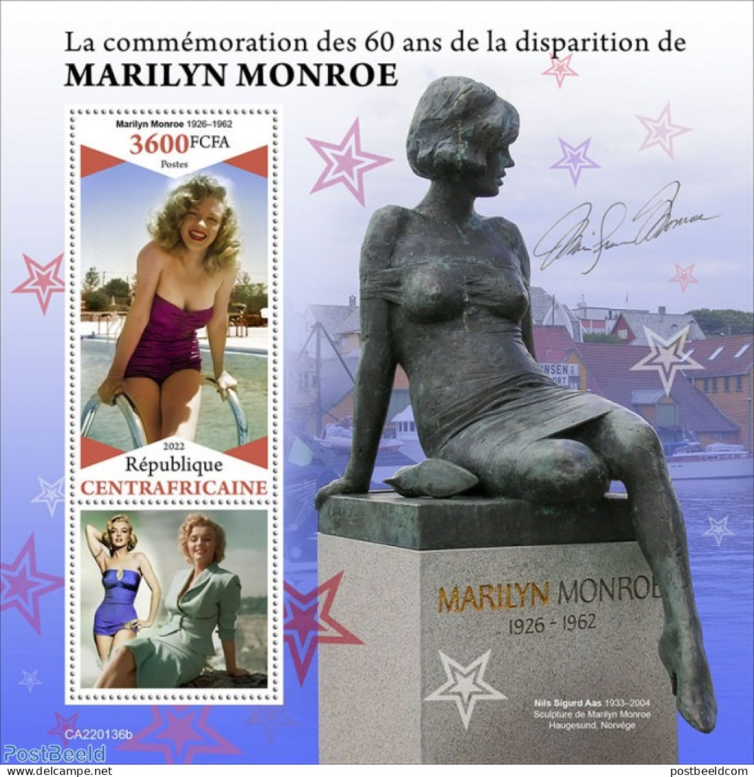 Central Africa 2022 60th Memorial Anniversary Of Marilyn Monroe, Mint NH, Performance Art - Marilyn Monroe - Movie Stars - Actores