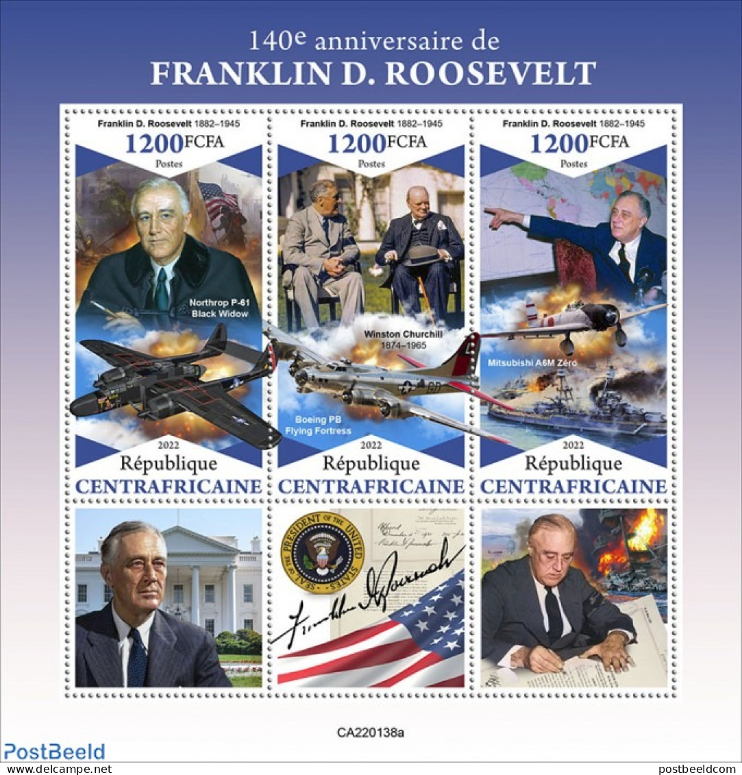 Central Africa 2022 140th Anniversary Of Franklin D. Roosevelt, Mint NH, History - Transport - American Presidents - A.. - Flugzeuge