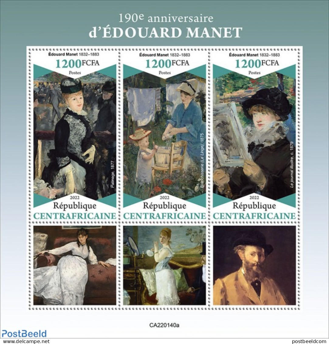 Central Africa 2022 190th Anniversary Of Édouard Manet, Mint NH, Art - Paintings - República Centroafricana