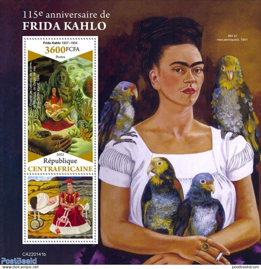 Central Africa 2022 115th Anniversary Of Frida Kahlo, Mint NH, Art - Paintings - Zentralafrik. Republik