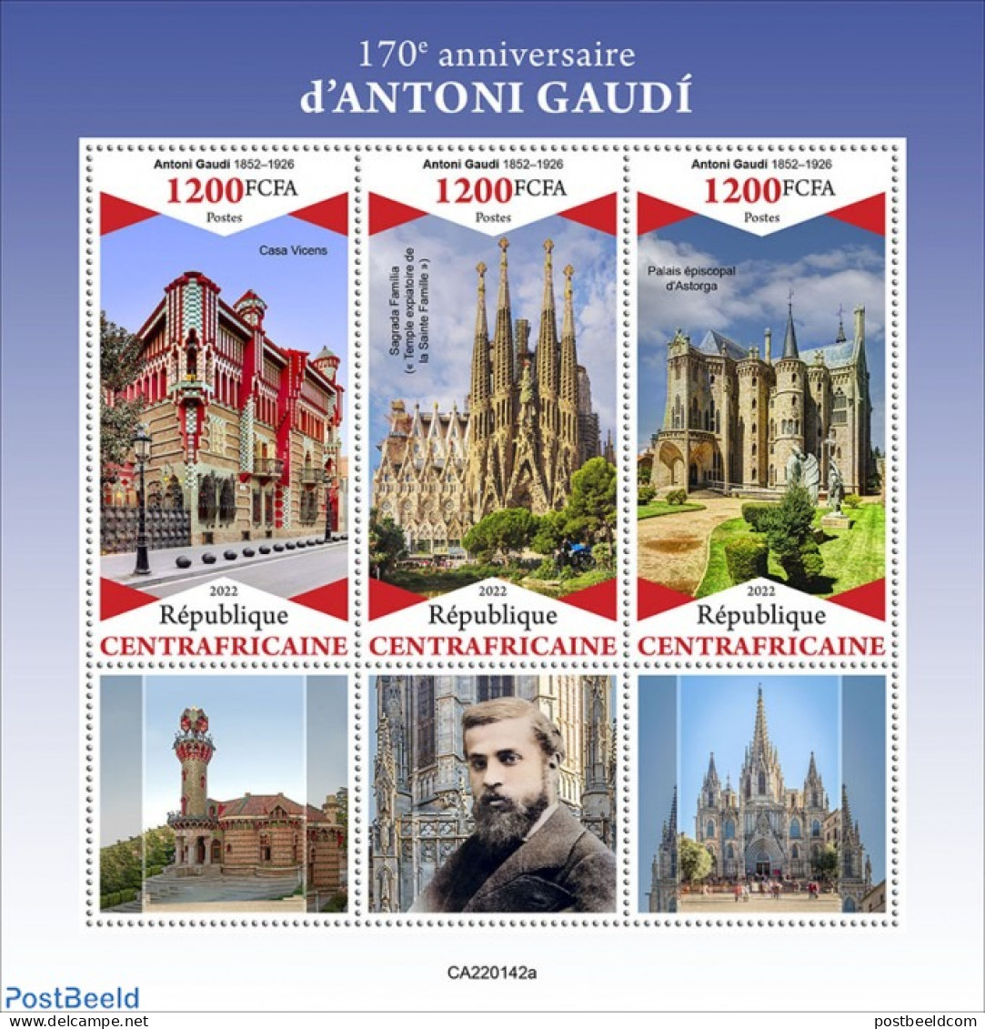Central Africa 2022 170th Anniversary Of Antoni Gaudí, Mint NH, Art - Architects - República Centroafricana