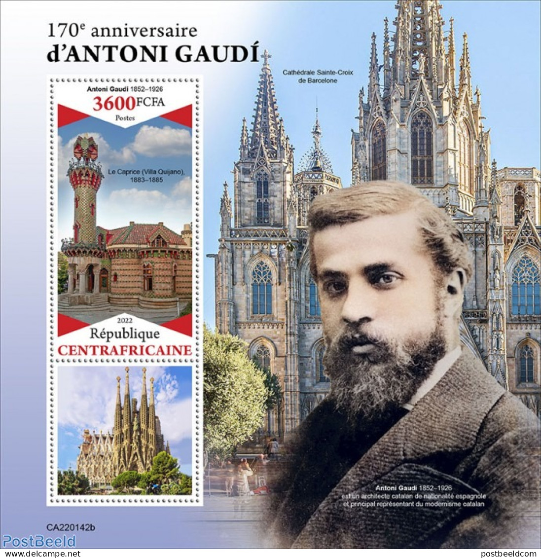 Central Africa 2022 170th Anniversary Of Antoni Gaudí, Mint NH, Art - Architects - República Centroafricana