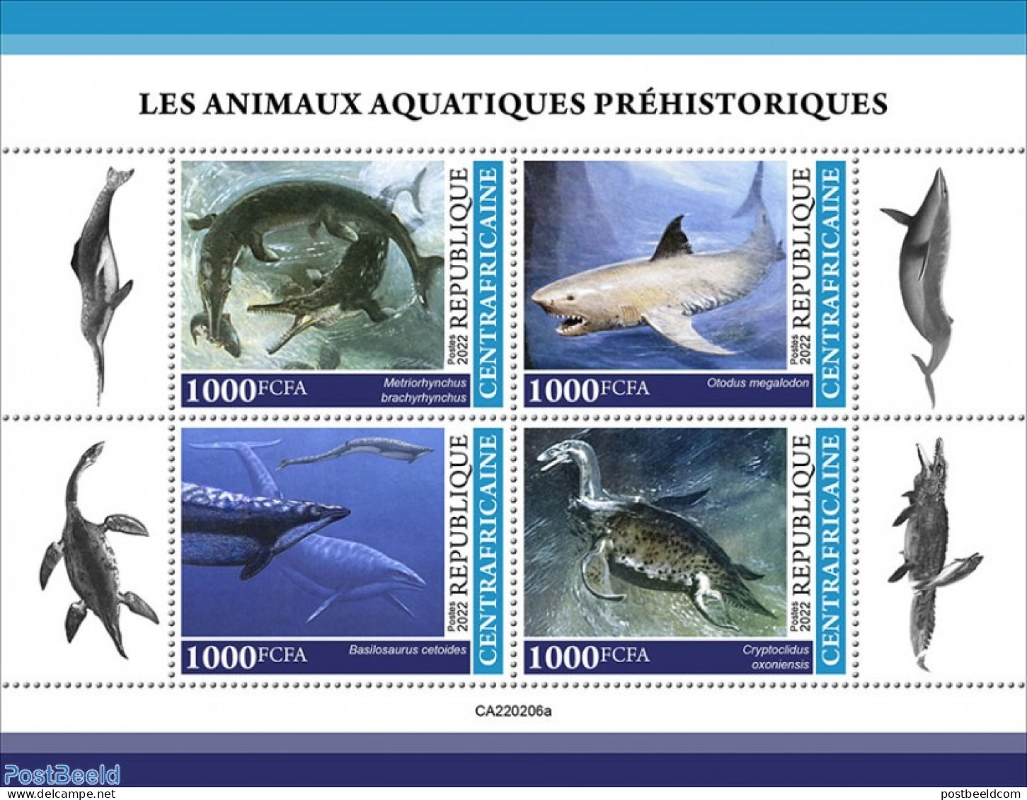 Central Africa 2022 Prehistoric Water Animals, Mint NH, Nature - Prehistoric Animals - Sharks - Préhistoriques
