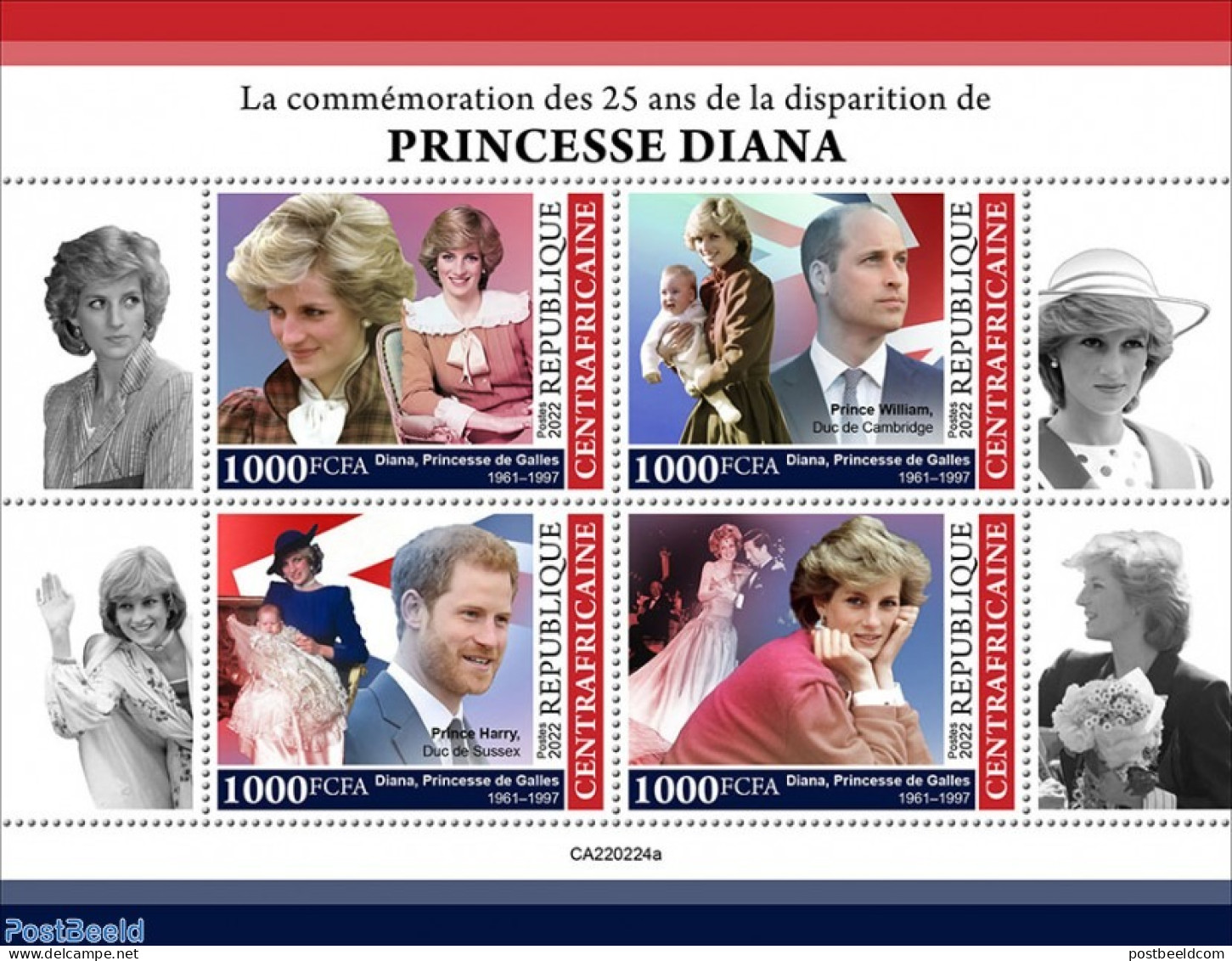 Central Africa 2022 25th Memorial Anniversary Of Princess Diana, Mint NH, History - Charles & Diana - Royalties, Royals