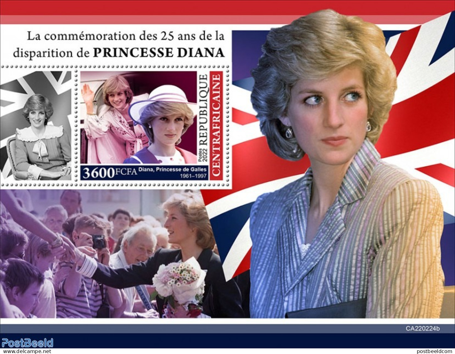 Central Africa 2022 25th Memorial Anniversary Of Princess Diana, Mint NH, History - Charles & Diana - Familles Royales