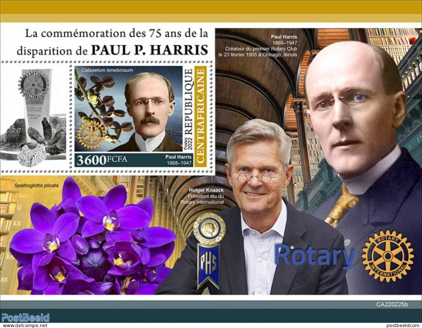 Central Africa 2022 75th Memorial Anniversary Of Paul P. Harris, Mint NH, Nature - Various - Orchids - Rotary - Rotary, Club Leones