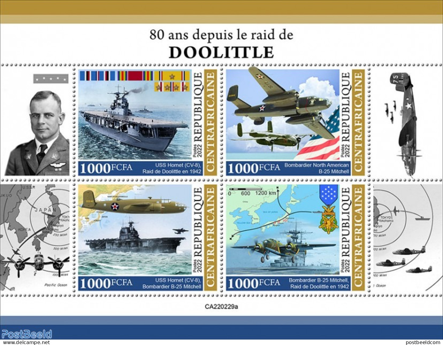 Central Africa 2022 80 Years Since The Doolittle Raid, Mint NH, History - Transport - World War II - Aircraft & Aviati.. - Guerre Mondiale (Seconde)