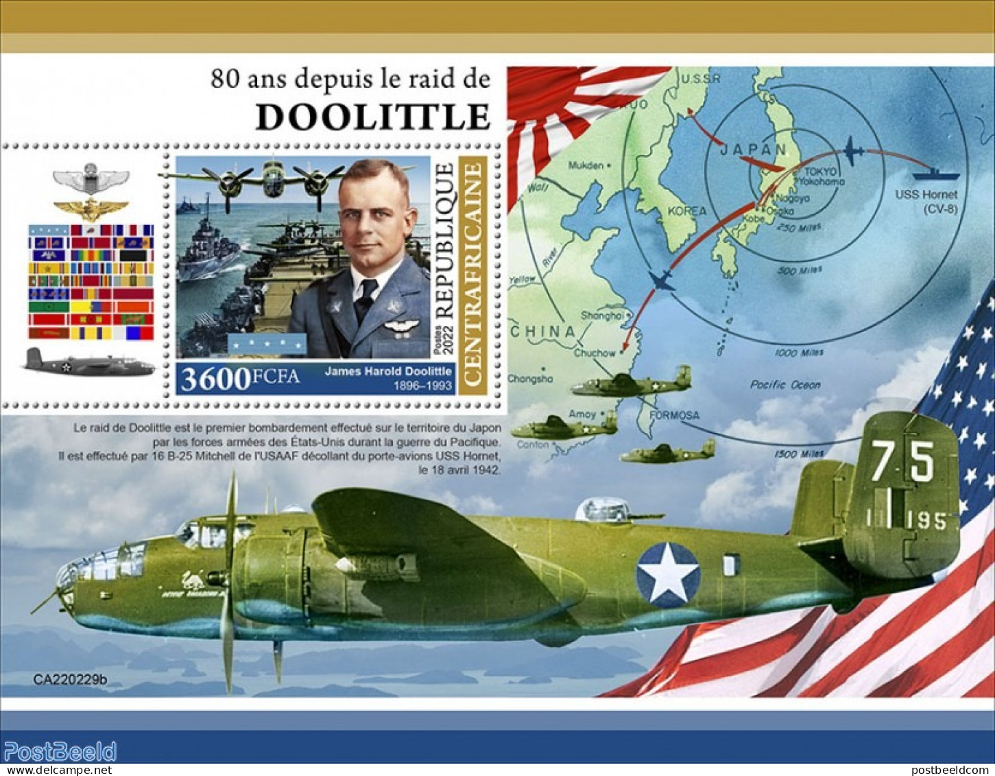 Central Africa 2022 80 Years Since The Doolittle Raid, Mint NH, History - Transport - World War II - Aircraft & Aviati.. - Guerre Mondiale (Seconde)