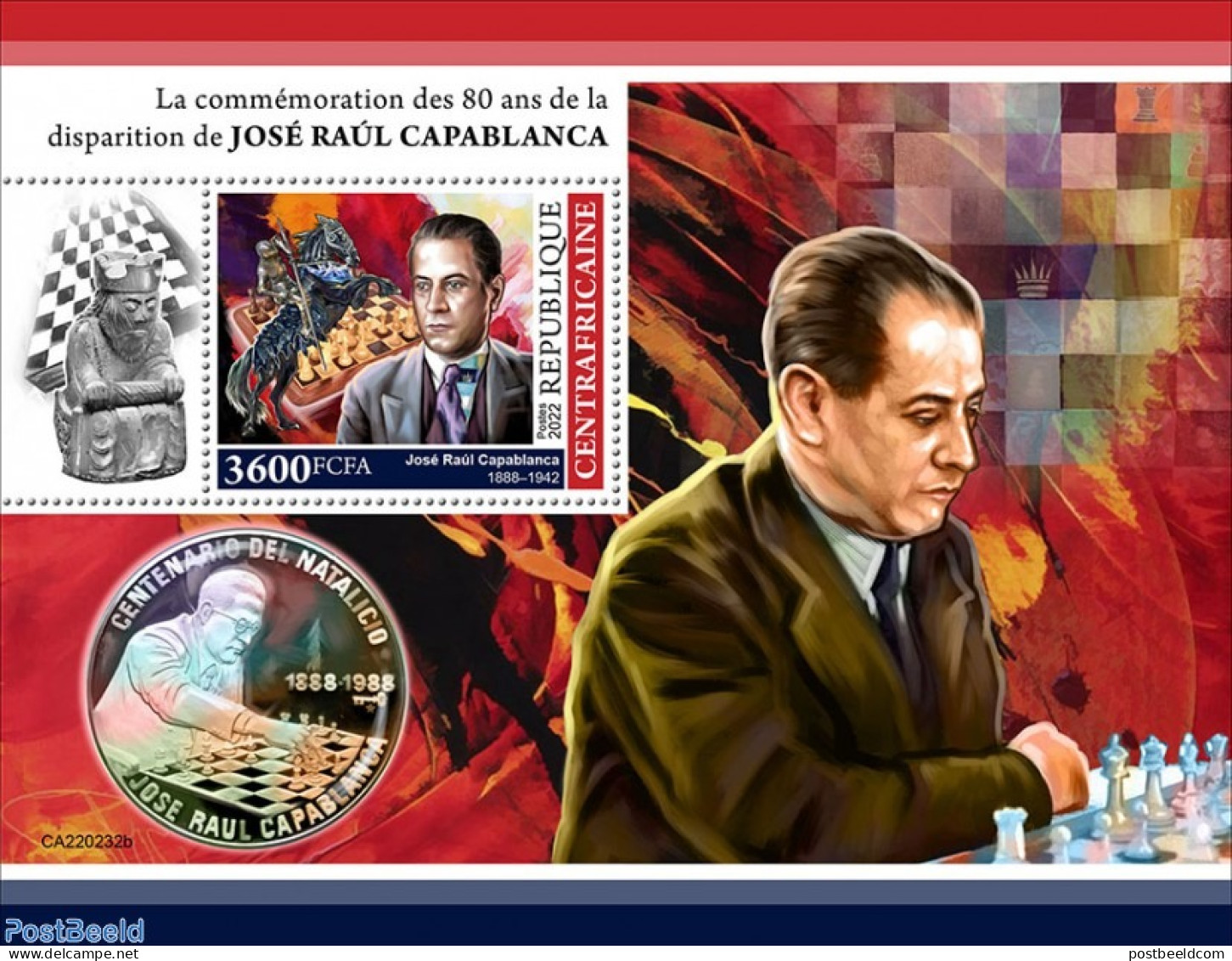 Central Africa 2022 80th Memorial Anniversary Of José Raúl Capablanca, Mint NH, Sport - Chess - Chess