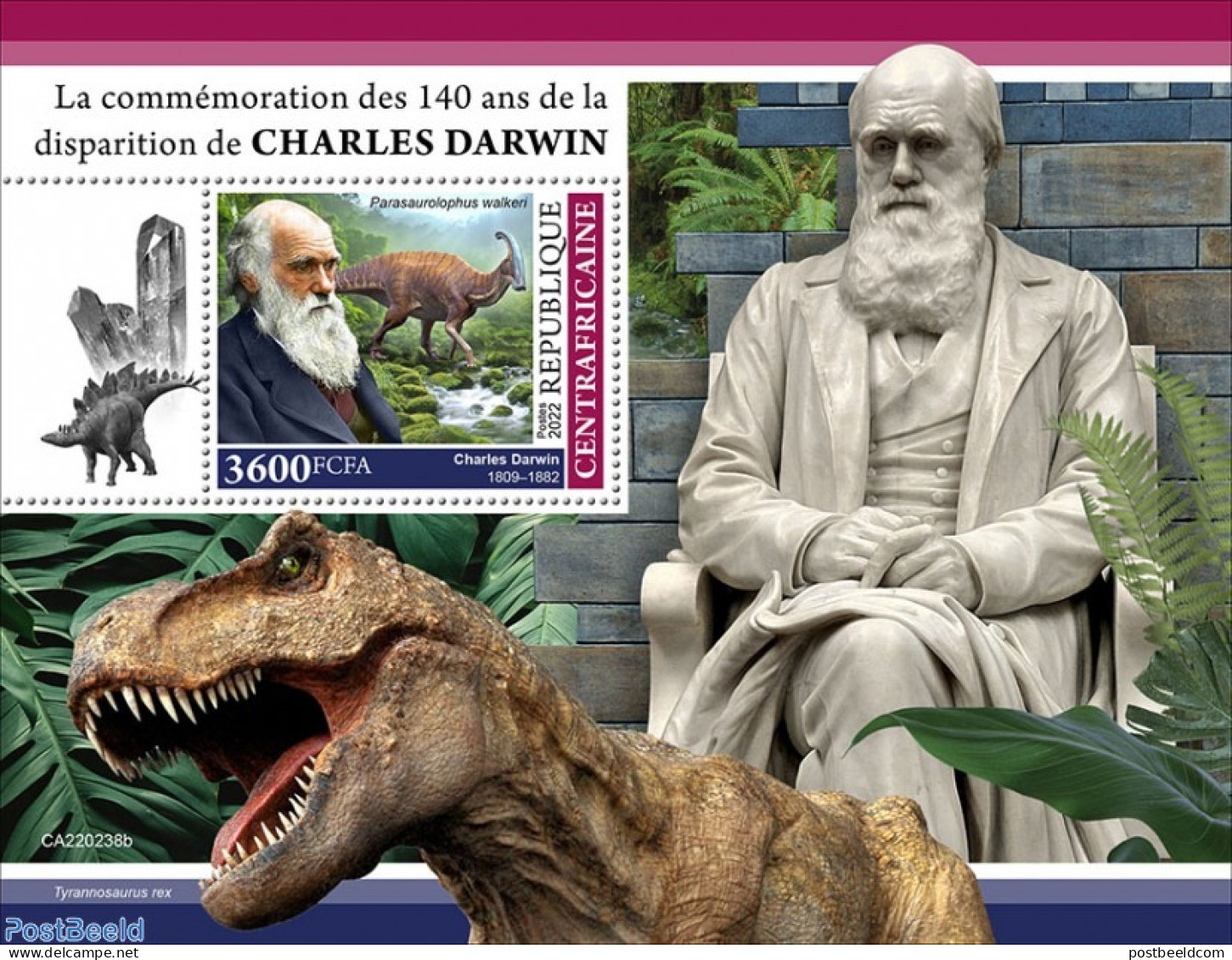 Central Africa 2022 140th Memorial Anniversary Of Charles Darwin, Mint NH, History - Nature - Geology - Prehistoric An.. - Préhistoriques