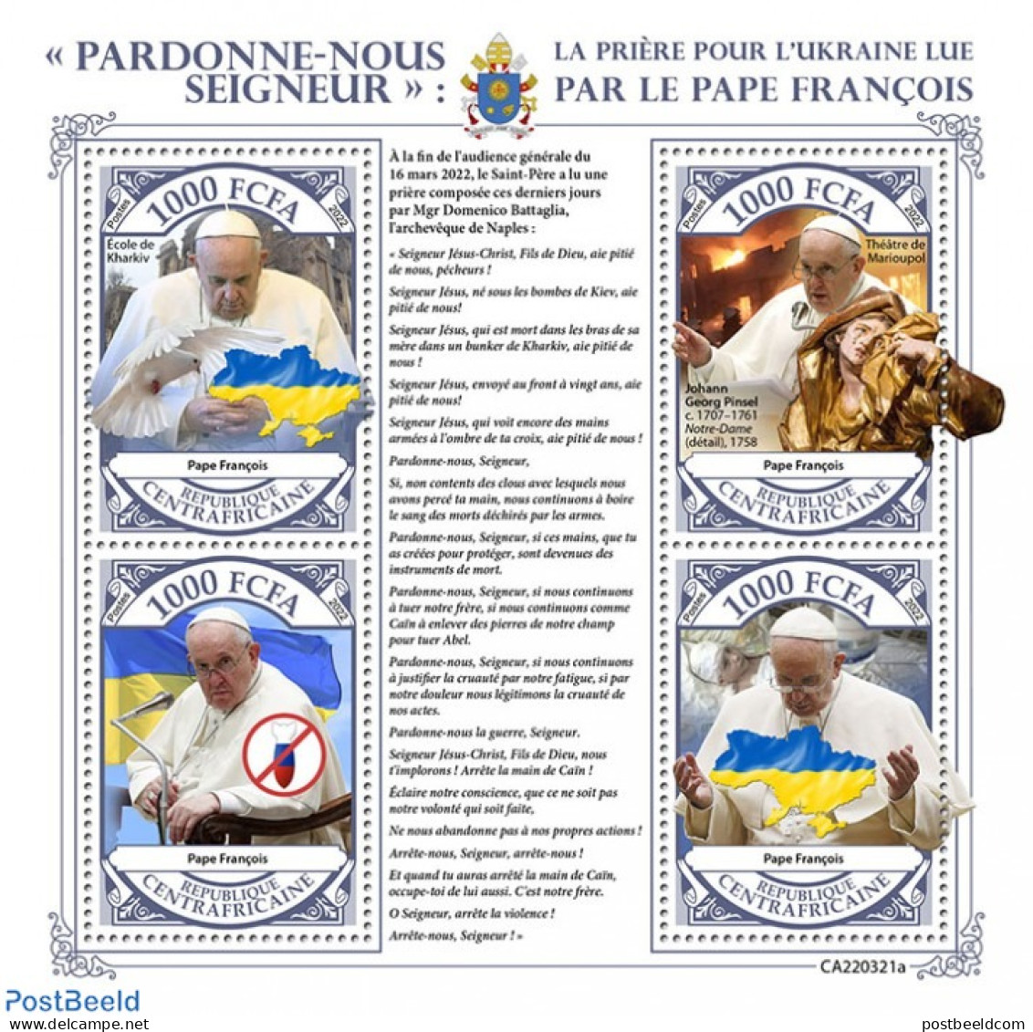 Central Africa 2022 Pope Francis Praying For Ukraine, Mint NH, Religion - Pope - Popes