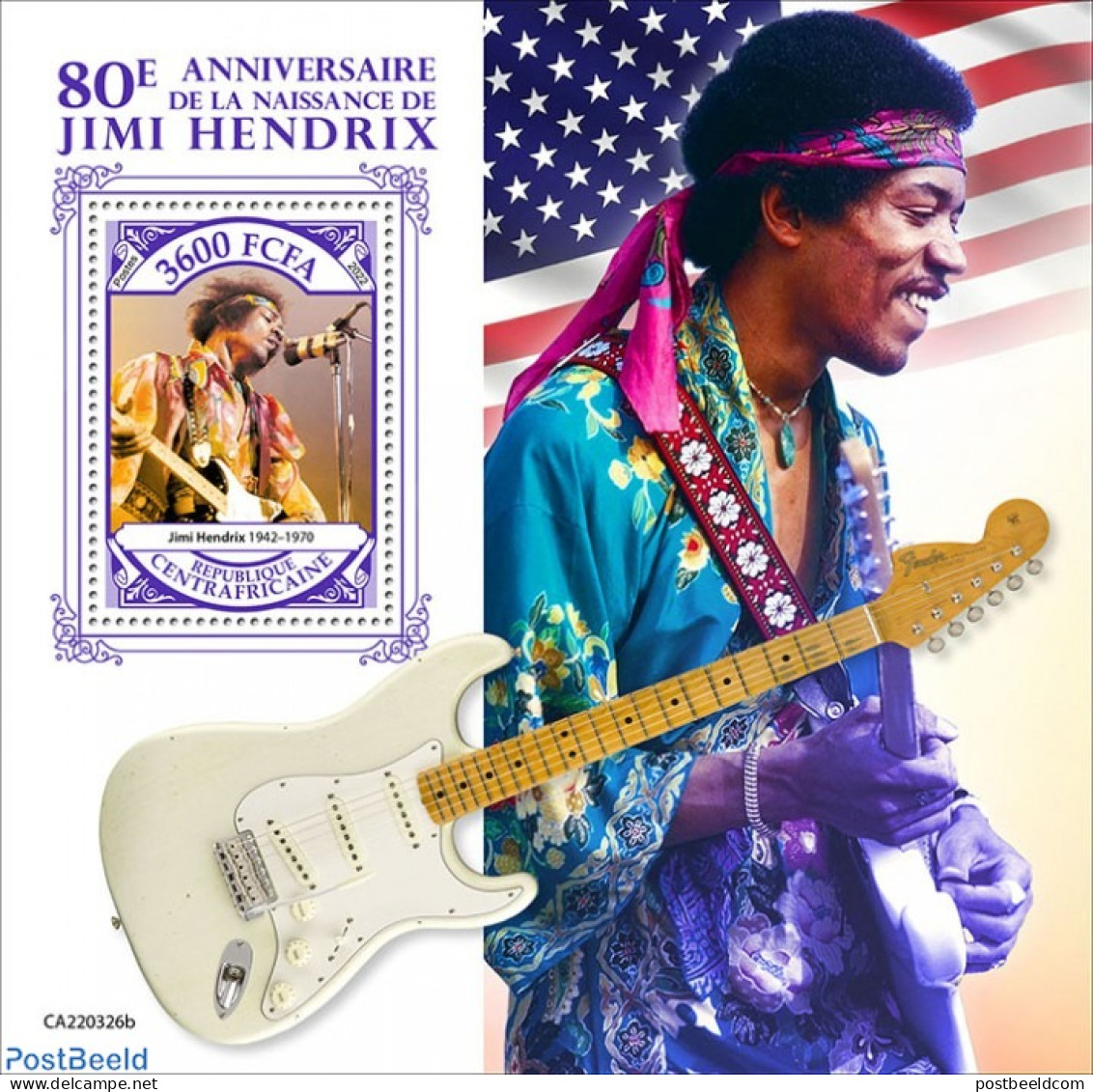 Central Africa 2022 80th Anniversary Of Jimi Hendrix, Mint NH, Performance Art - Music - Musical Instruments - Muziek
