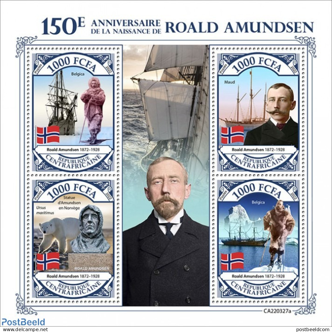 Central Africa 2022 150th Anniversary Of Roald Amundsen, Mint NH, History - Nature - Transport - Explorers - Bears - S.. - Onderzoekers