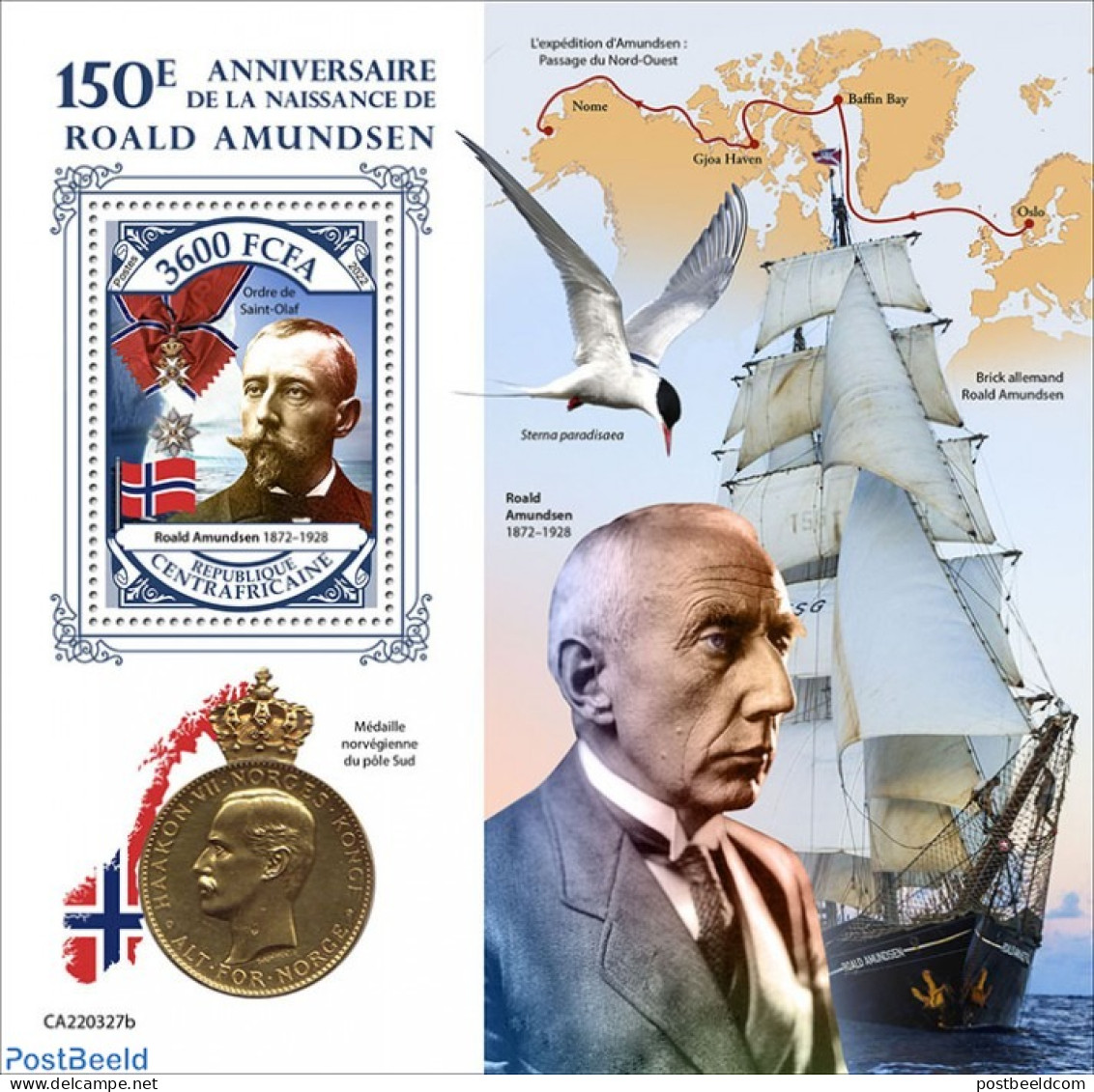 Central Africa 2022 150th Anniversary Of Roald Amundsen, Mint NH, History - Transport - Explorers - Ships And Boats - Exploradores