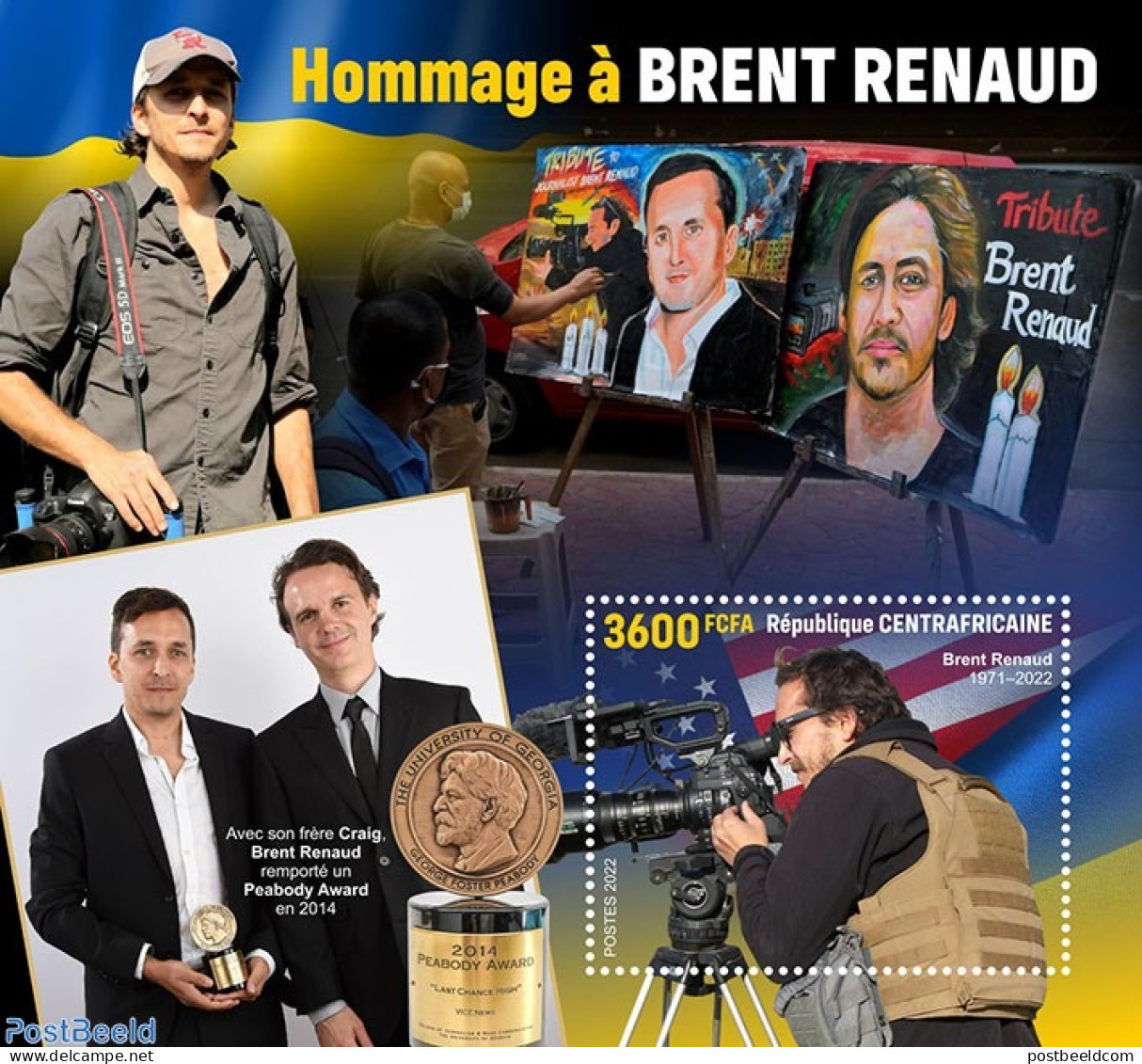 Central Africa 2022 Tribute To Brent Renaud, Mint NH, History - Newspapers & Journalism - Centraal-Afrikaanse Republiek